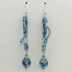 Handcrafted earrings, peacock blue and green 3.5” L